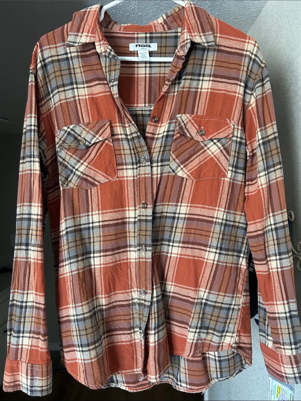 RSQ Rust Plaid Button-Down Shirt with Cream and Gray Stripes - Picture 1 of 6